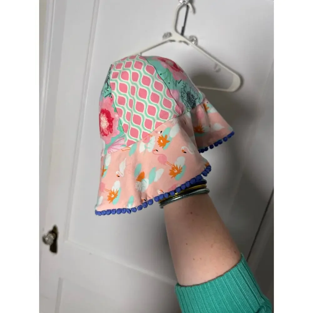 Matilda Jane Girls Reversible Bucket Sun Hat Floral Polka Dot Pom Pom Cotton
